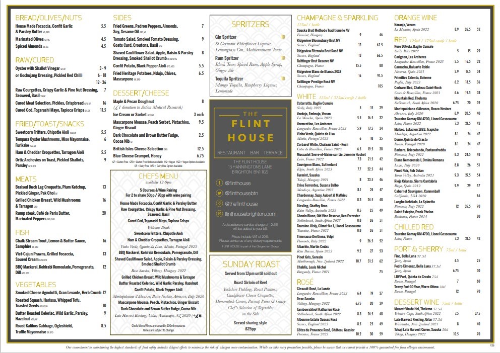 Flint House Food & Drinks Menu